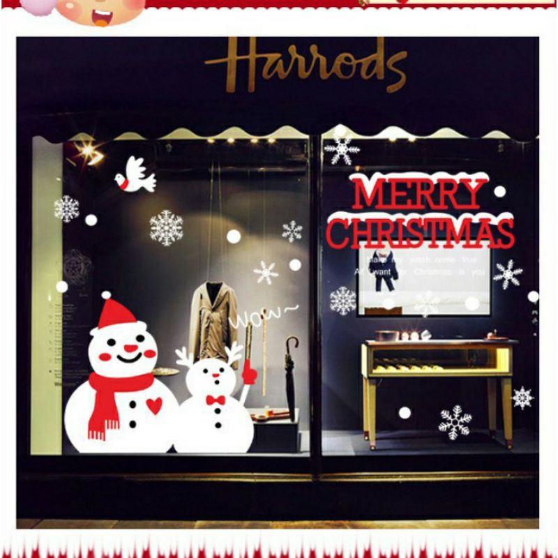 Decal tranh dán Hít tĩnh điện Noel - 2 người tuyết lớn bé chào lễ