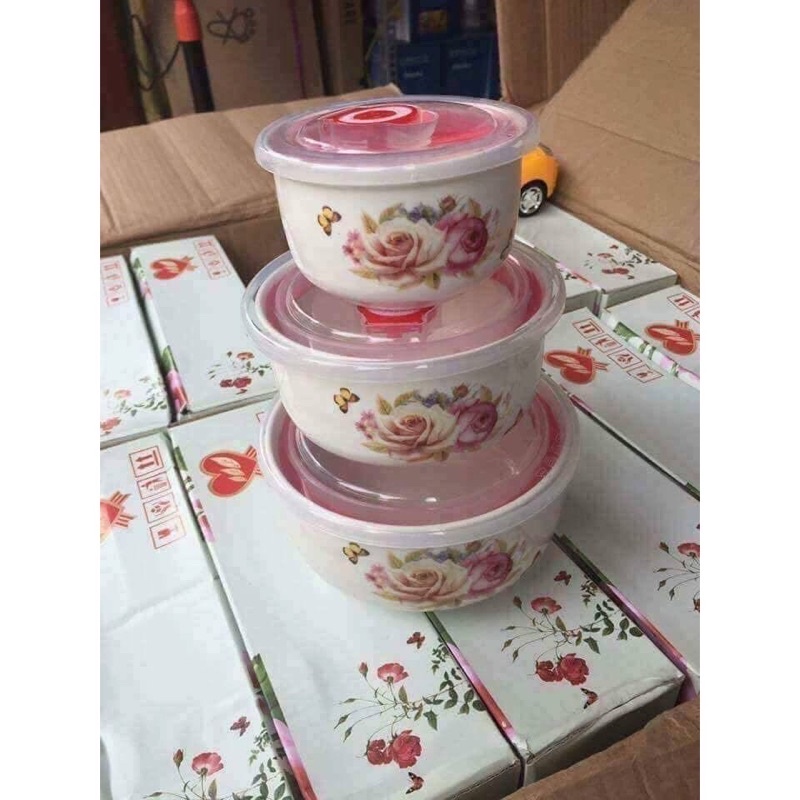Bộ 3 tô sứ lạnh cao cấp - bát sứ lạnh có nắp chân không - bộ 3 thố đựng cơm mang đi