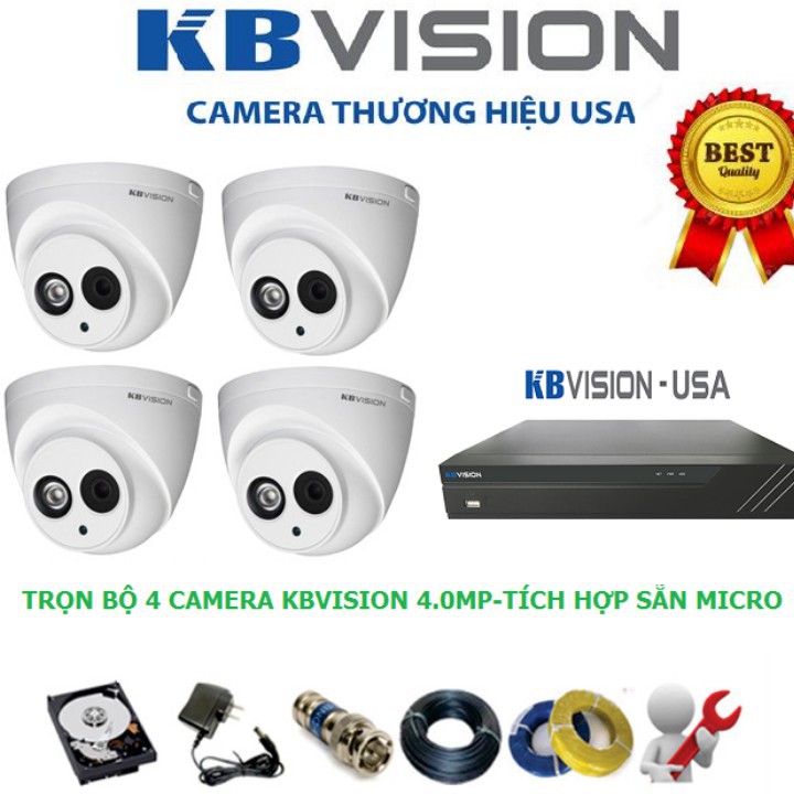 Bộ camera Kbvision 4.0Mp hình ảnh chuẩn 2K Tích hợp mic thu âm + ổ cứng 500Gb - đầy đủ phụ kiện lắp đặt Tặng 80m dây