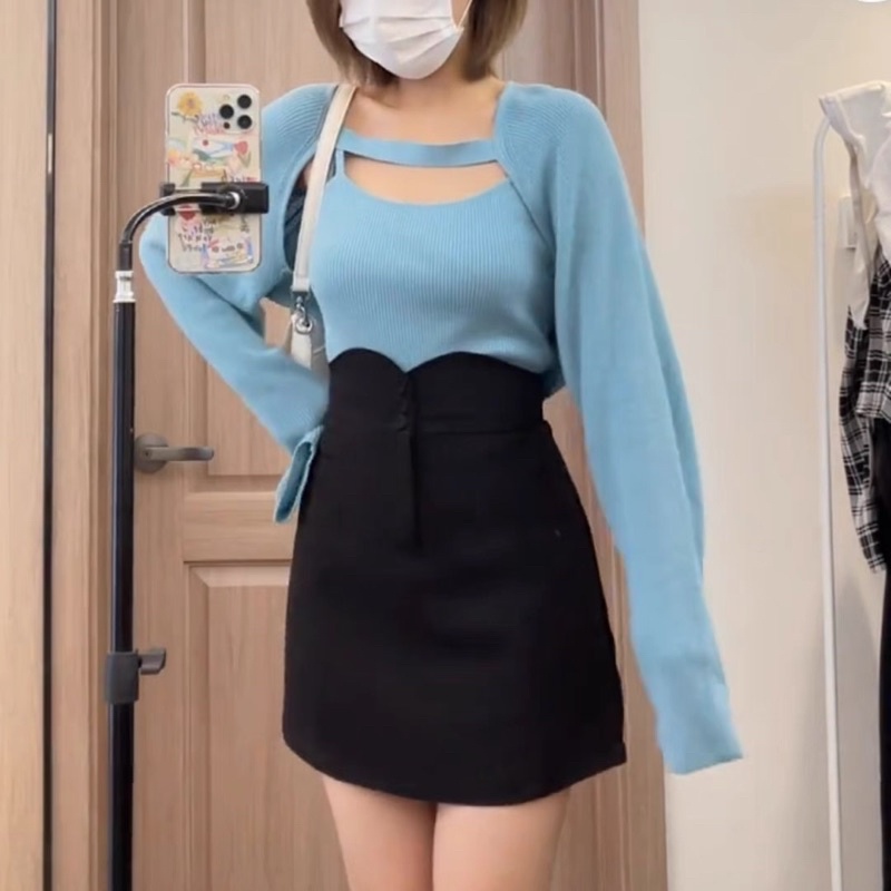 Sét khoác len dài tay chân váy cạp cao che khuyết điểm 6sstore