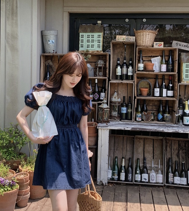Đầm Denim Cổ Vuông Lưng Thun Dễ Thương Phong Cách Hàn Quốc 52802