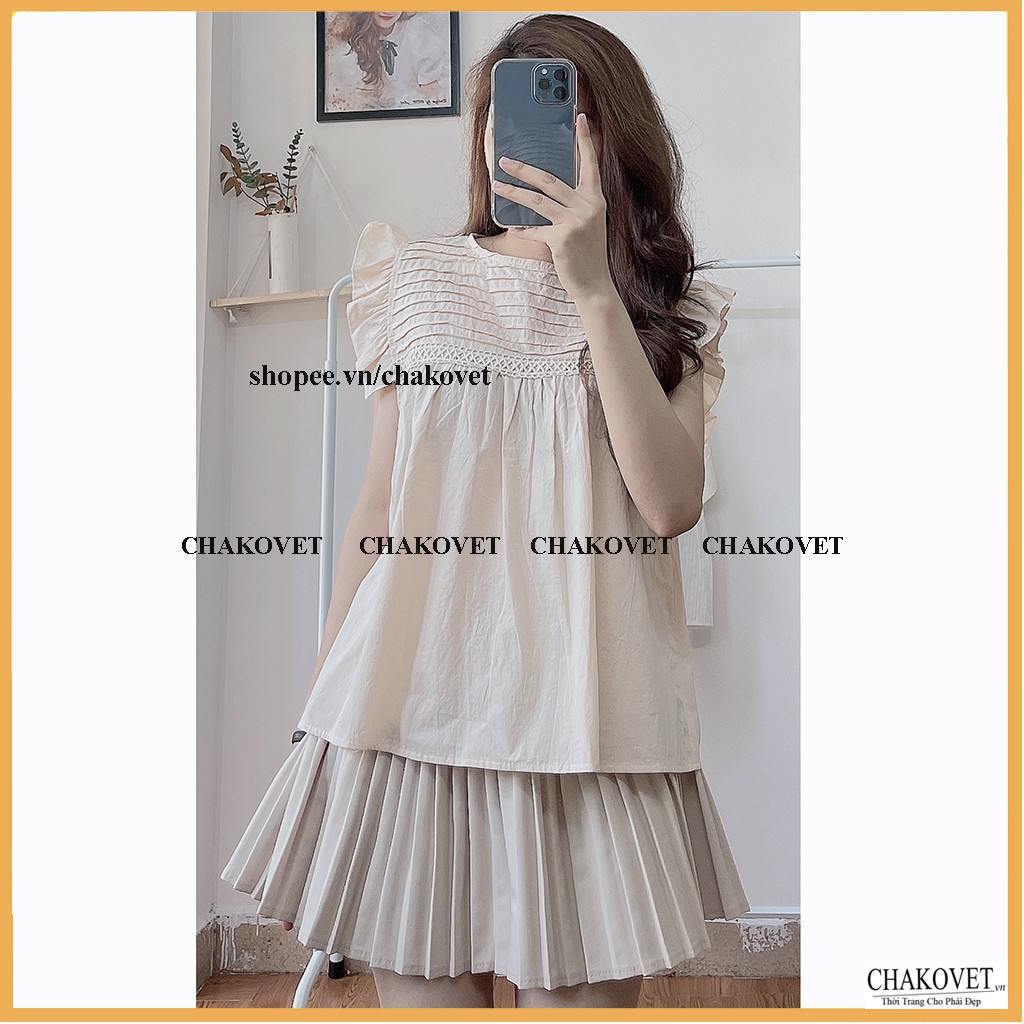 Áo sơ mi nữ tay cánh tiên style hàn quốc CKA839, kiểu áo nữ dáng babydoll tiểu thư (mặc 2 kiểu) cổ tròn phối ren xếp ly | BigBuy360 - bigbuy360.vn
