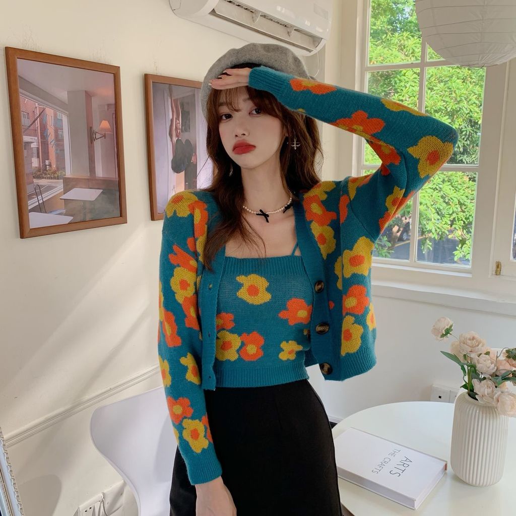 Set áo khoác cardigan dệt kim + áo hai dây thiết kế mới thời trang dành cho nữ