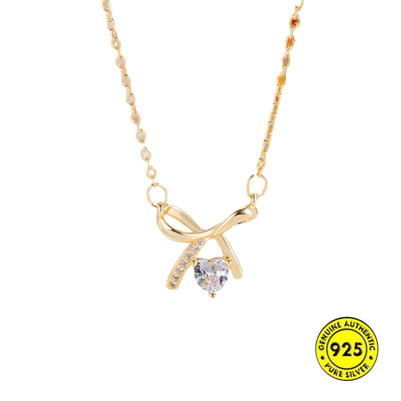 Vòng cổ Mạ Bạc 925 Mặt Hình Nơ Đính Kim Cương Nhân Tạo Thời Trang Cho Nữ