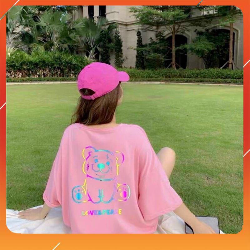 Áo thun tay lỡ phản quang phông Unisex nam nữ Cotton oversize đến 75Kg form rộng hình gấu Love &amp; Peace AP 876