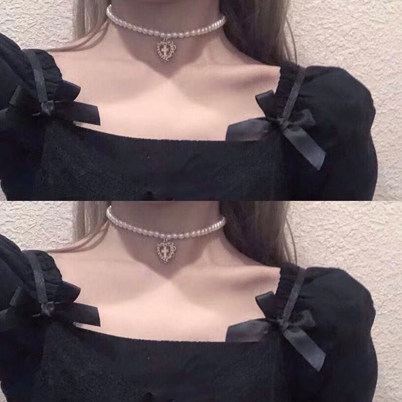 vòng cổ Choker Mặt Trái Tim Đính Ngọc Trai Nhân Tạo