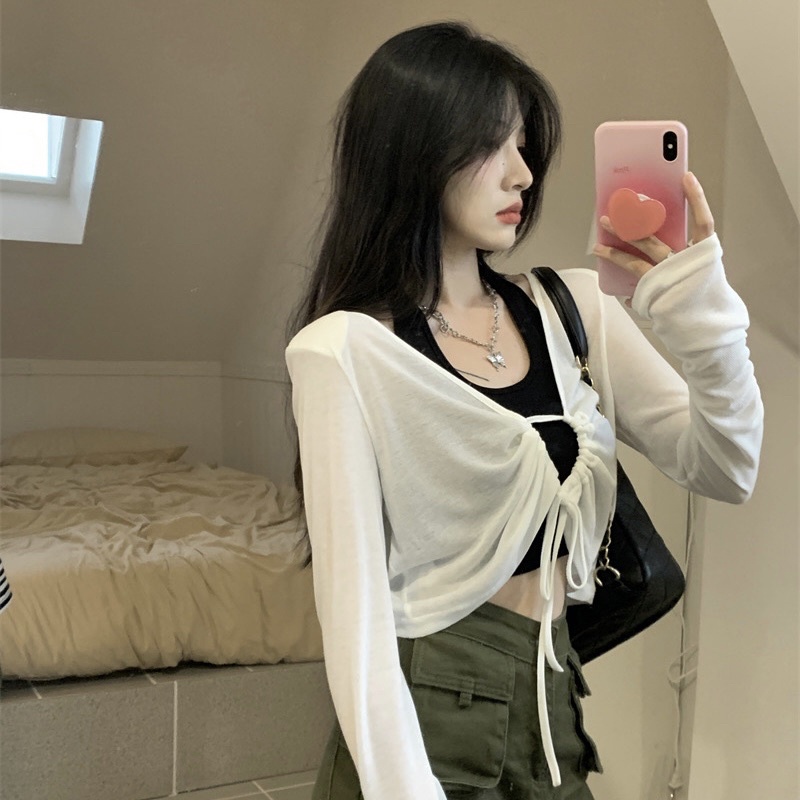 Set Áo Khoác Cardigan Dệt Kim Mix Croptop Dáng Ngắn Tay Dài Dây Rút Quyến Rũ Phù Hợp Thu Đông