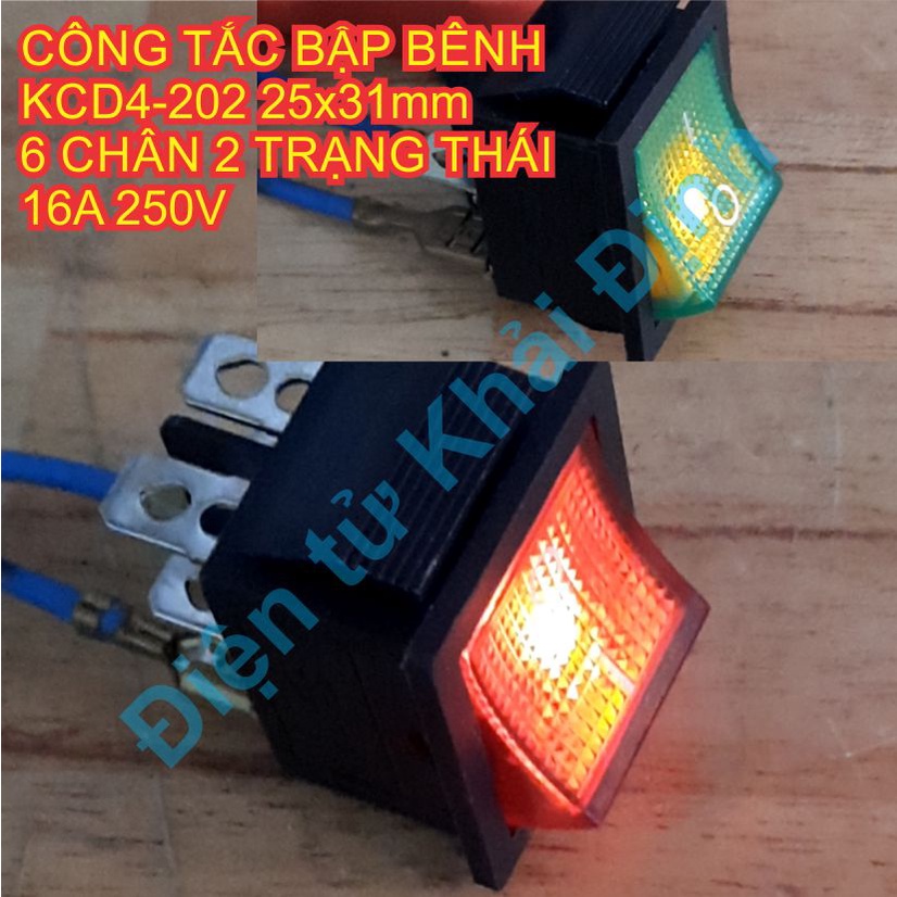 3 cái CÔNG TẮC BẬP BÊNH lớn KCD4 202 25x31mm 4 CHÂN 2 TRẠNG THÁI 16A 250V đèn báo màu xanh lá / đỏ kde1956