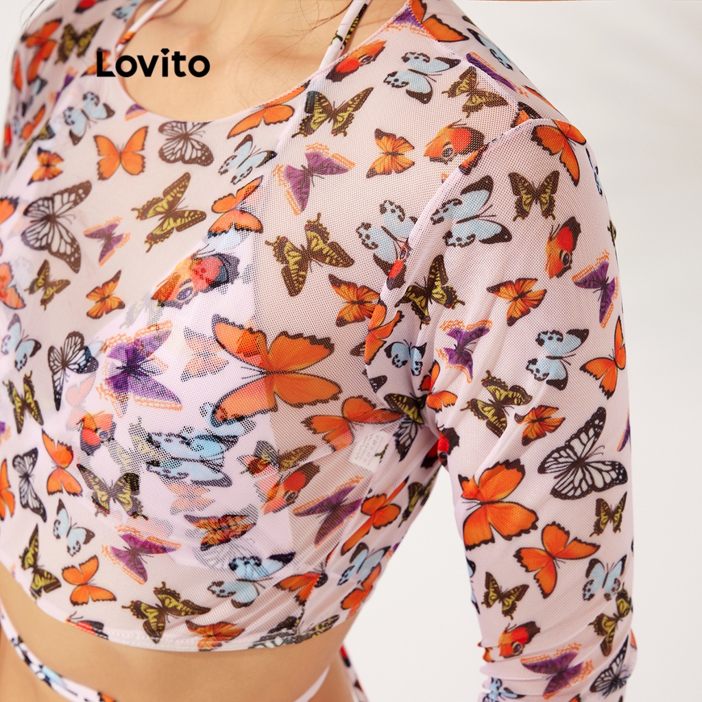 Set bikini Lovito thắt nơ hình bướm áo dài tay cổ tròn miếng đệm có thể tháo rời L23AD062 (nhiều màu sắc)