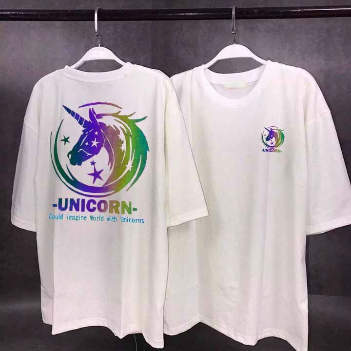 Áo thun phản quang tay lỡ nam nữ vải cotton - unicorn