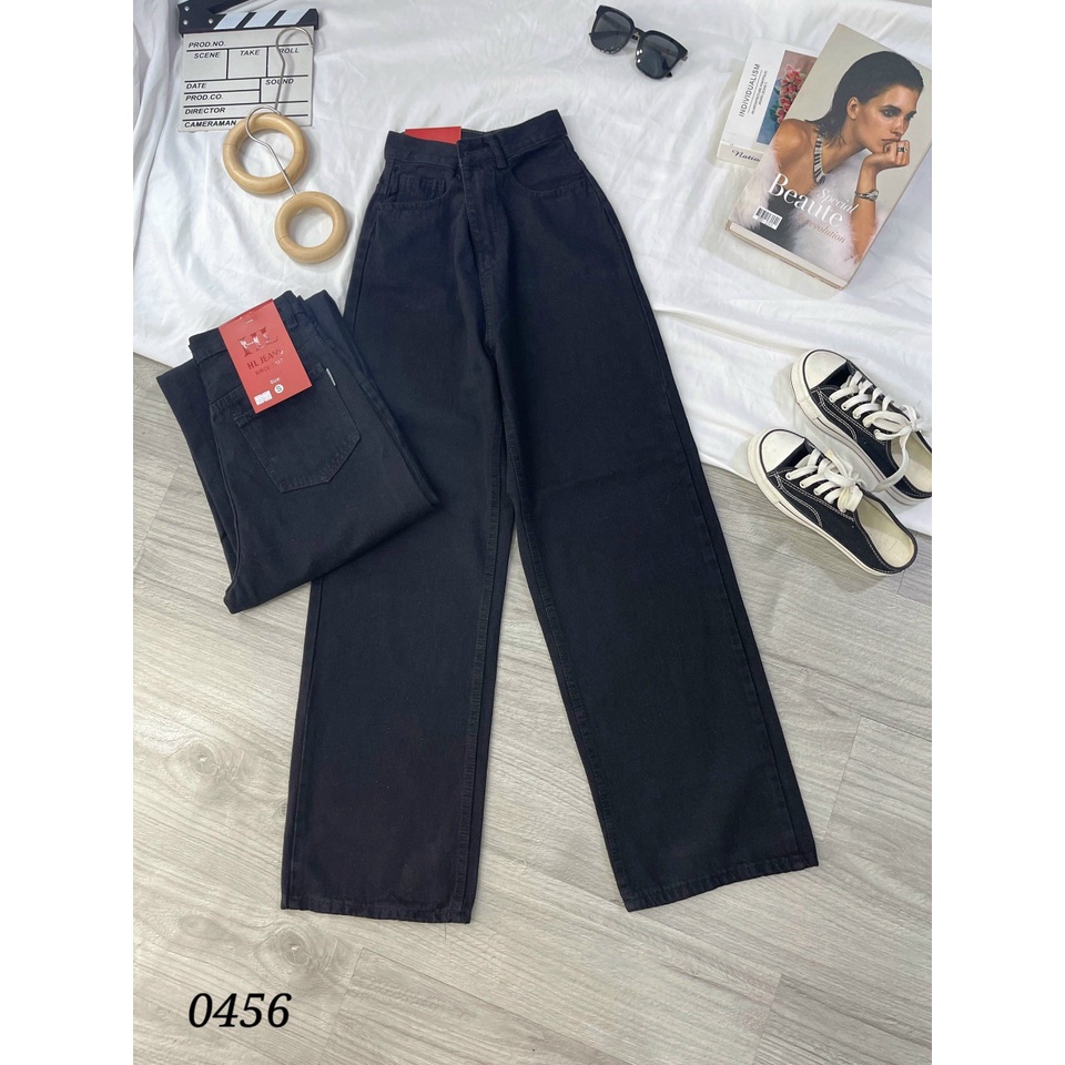 Quần jean ống rộng nữ cạp cao - Quần bò dáng suông chất jean dày mềm, không dãn