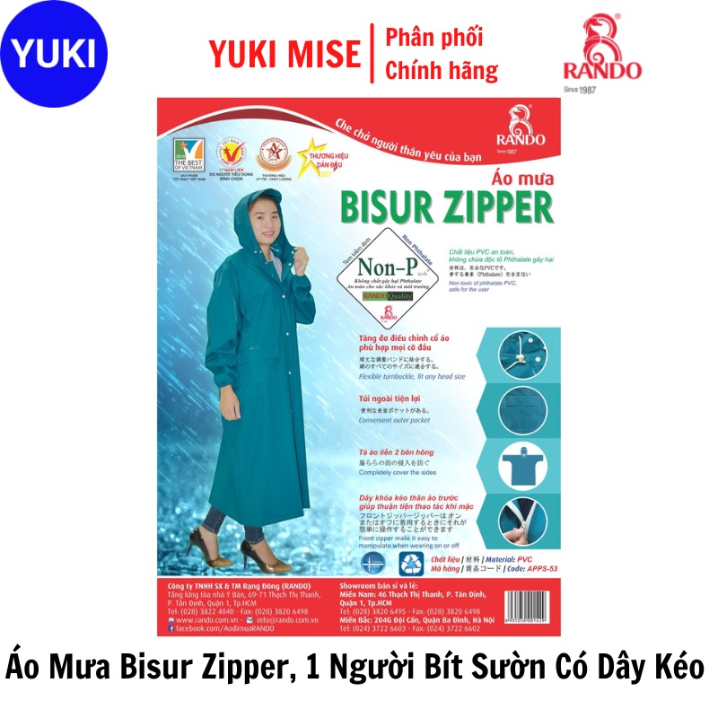 Áo Mưa Bisur Zipper Free size 1 Người Bít Sườn Có Dây Kéo, RANDO APPS-53