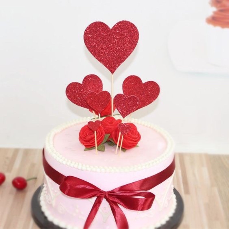 Set 7 cắm hình tim giấy trang trí bánh kem, bánh sinh nhật