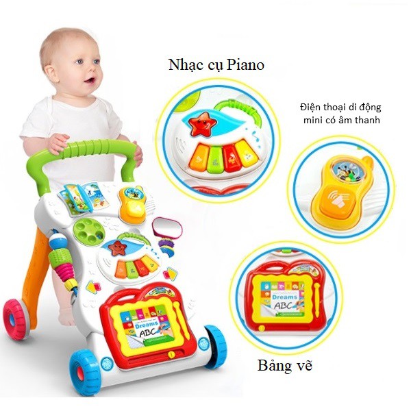 Xe tập đi chống vòng kiềng kèm bàn chơi phát nhạc (2 trong 1)