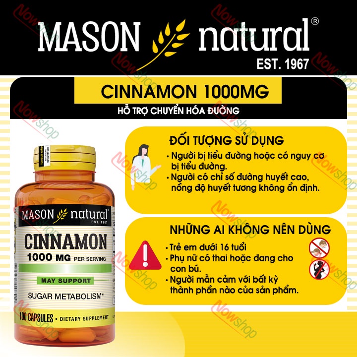 Viên uống hỗ trợ chuyển hóa đường Mason Natural Cinnamon 1000mg giúp ổn định đường huyết và giảm cholesterol hiệu quả