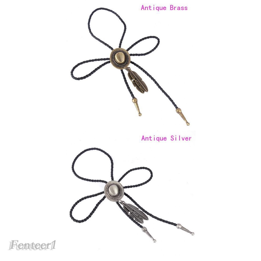[FENTEER1] Western Cowboy Rodeo Bolo Tie Hat and Feather Pendant Black PU Rope Necktie