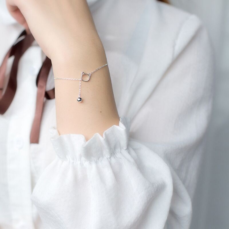 Lắc tay bạc nữ S925 - Vòng tay nữ bạc Ý chuông mèo nhỏ dễ thương Vườn Trang Sức VTSVT0137