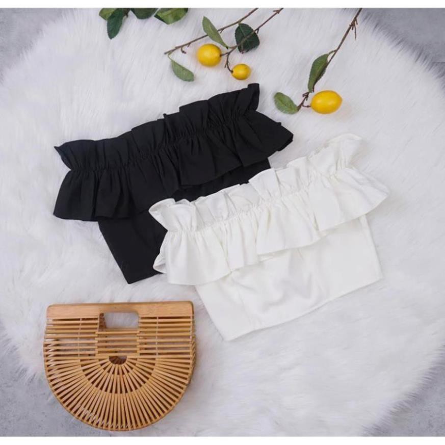 Áo trễ vai croptop nữ màu trắng có dây kéo hông  nhún bèo freesize !