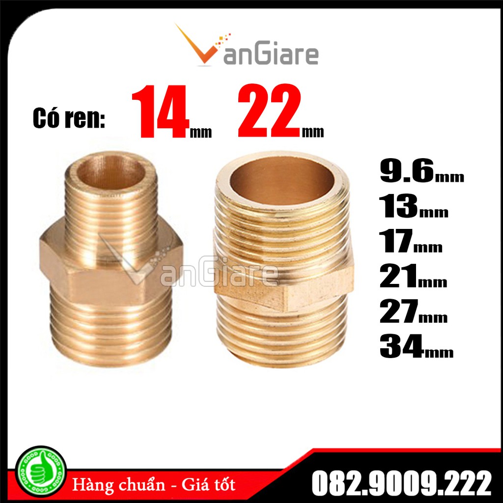 (Đủ size) Kép thau - Nối 2 đầu ren ngoài đồng thau 9.6 13 14 17 21 22 27 34