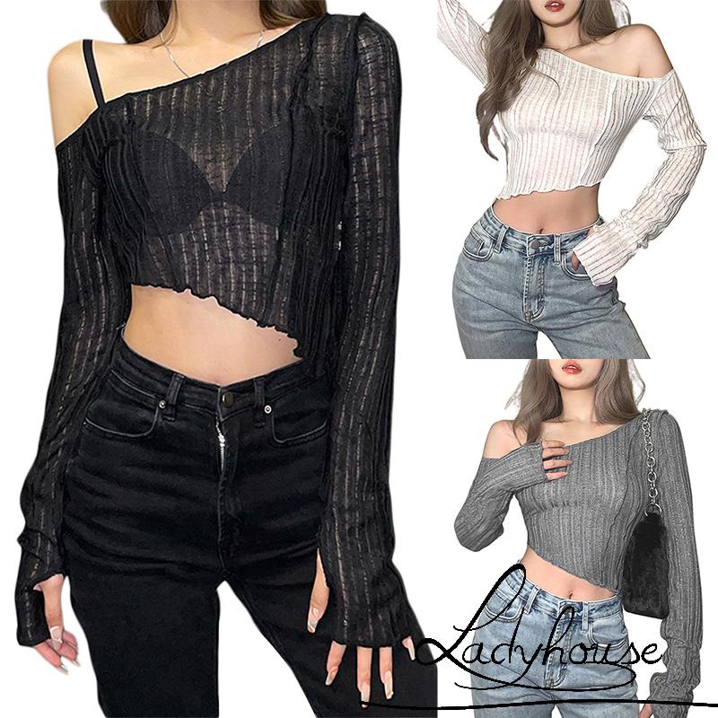 Áo Thun Tay Dài Hở Rốn Lệch Vai Màu Trơn Thời Trang Cho Nữ