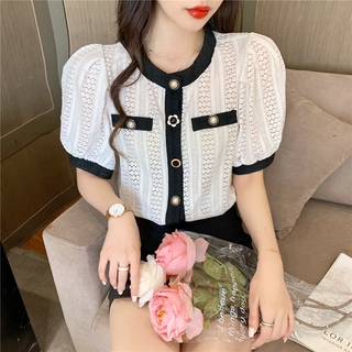 Áo kiểu CCVN tay phồng cổ tròn phối ren thời trang mùa hè