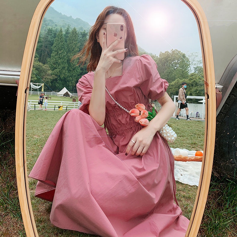 Đầm chữ A tay phồng cổ vuông thắt dây eo plus size phong cách retro Pháp