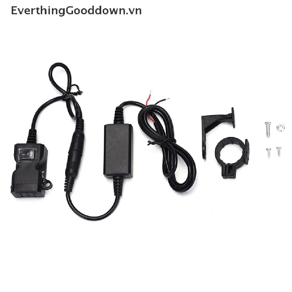 Everthinggood Ổ Cắm Sạc USB Kép 12V Chống Nước Có Công Tắc Và Giá Đỡ Gắn Tay Lái Cho Xe Máy