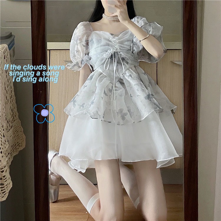 Váy hoa tiểu thư tay bồng xoè 2 lớp bồng bềnh