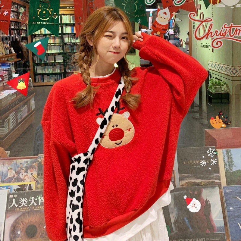 Áo Nỉ Nữ Dài Tay Họa Tiết Giáng Sinh Bông Tuyết, Tuần Lộc, Cây Thông - Áo Sweater Noel Xanh Đỏ Đen Trắng Mặc Đơn Đôi Nhó