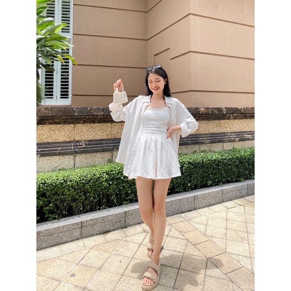 Set áo sơ mi quần short xòe style khoác ngoài trẻ trung freesize MIEU - JA11