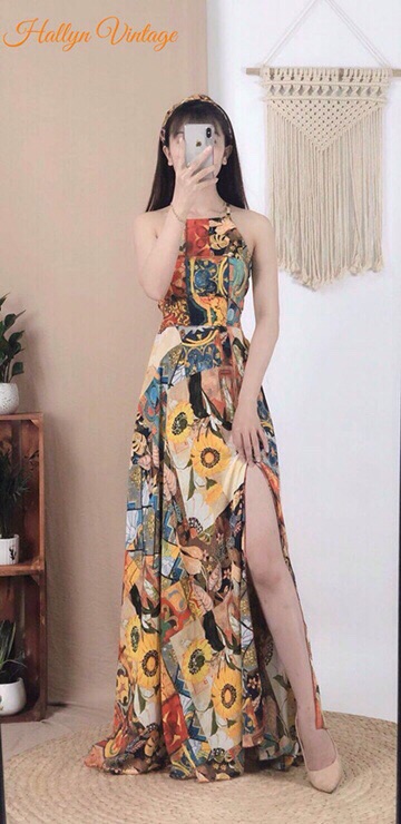 Đầm maxi thổ cẩm hở lưng đan dây xẻ tà du lịch đi biển