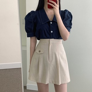 35685 Áo sơ mi tay phồng cổ chữ V đáng yêu / Váy chữ A