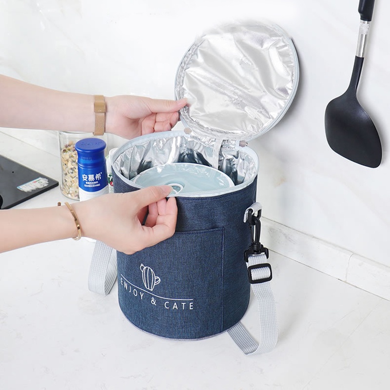 Túi giữ nhiệt đựng hộp cơm trưa hình tròn chất liệu vải oxford chống thấm nước