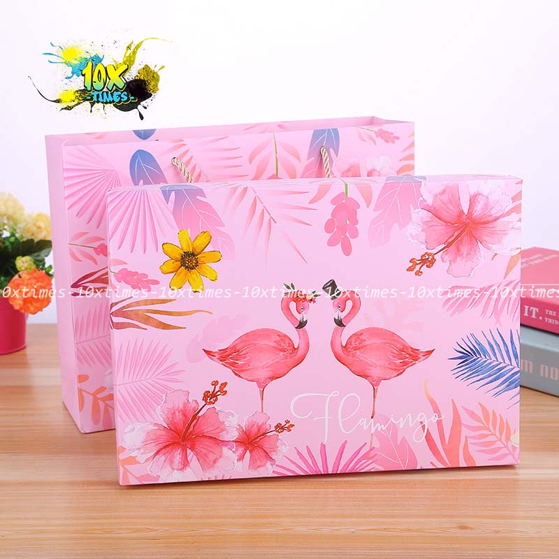 Set hộp 30cm túi giấy đựng quà Flamingo tặng sinh nhật bạn gái bạn trai đối tác, valentine, ngày lễ có quai 10xtimes