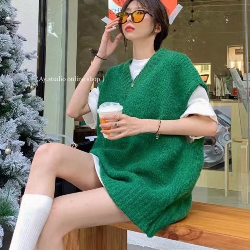 Áo Sweater Dệt Kim Không Tay Cổ Chữ v Phong Cách Hàn Quốc Dành Cho Nữ