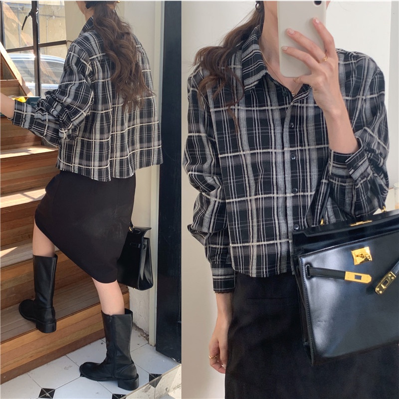 SUXI Áo Sơ Mi Dài Tay Họa Tiết Ca Rô Phong Cách Hàn Quốc Cổ Điển Dành Cho Nữ