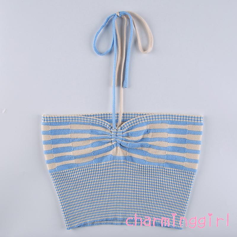 Áo Dệt Kim Không Tay Dáng Ôm In Họa Tiết Kẻ Sọc Thời Trang Cho Nữ