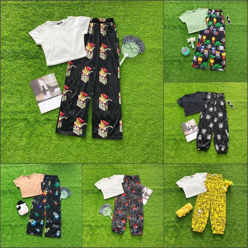 Set Cartoon Pant Croptop Body Trơn Ảnh Thật