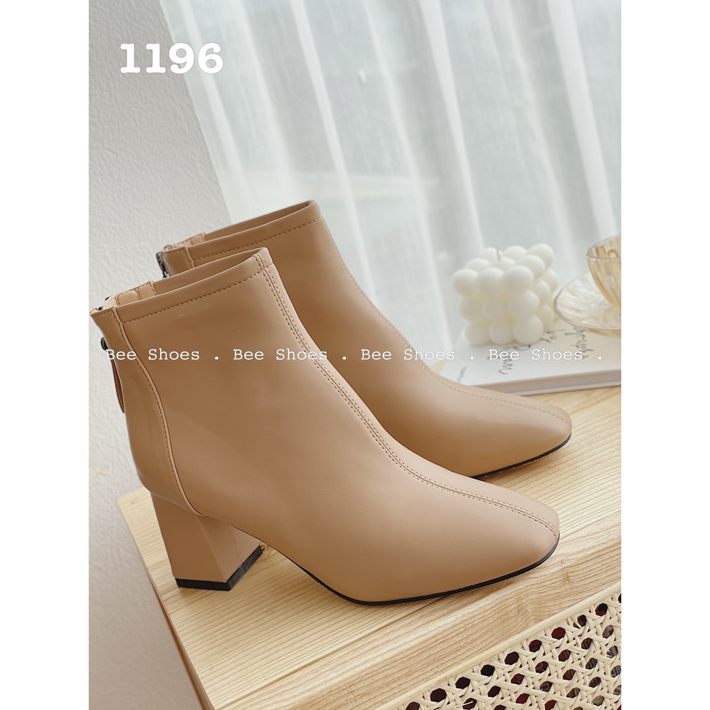 BEESHOES - BOOT NỮ MŨI TRÒN TRƠN CỔ THẤP ĐẾ VUÔNG - BỐT NỮ MŨI TRÒN ĐẾ VUÔNG CAO 7 PHÂN SẴN MÀU ĐEN - KEM - BÒ 201196