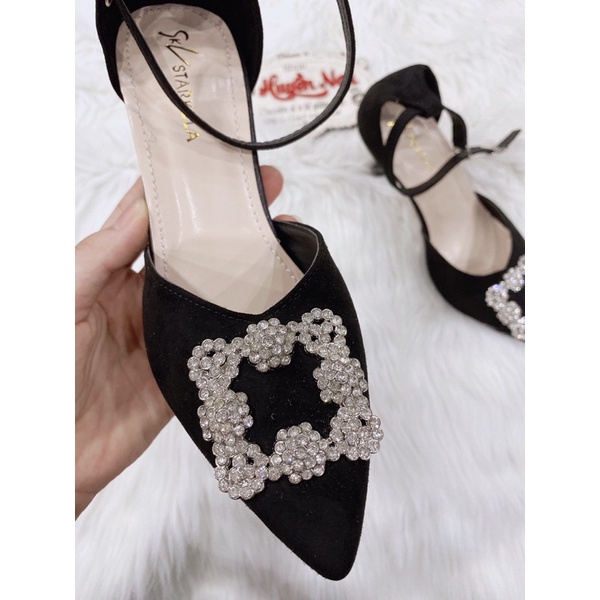 Giày cao gót nữ bịt gót mũi nhọn quai vắt đính đá