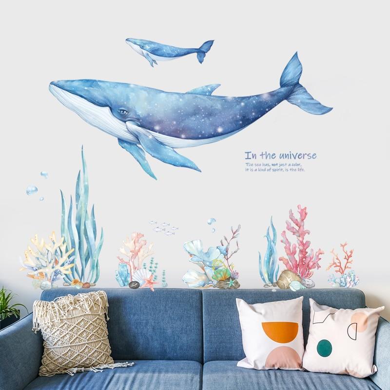Miếng Dán Tường Bằng Vinyl Chống Thấm Nước Họa Tiết Cá Voi Hoạt Hình Dễ Thương