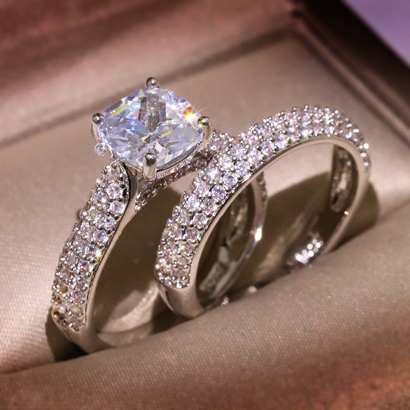 Set 2 Nhẫn Cưới Mạ Bạc Đính Đá zircon