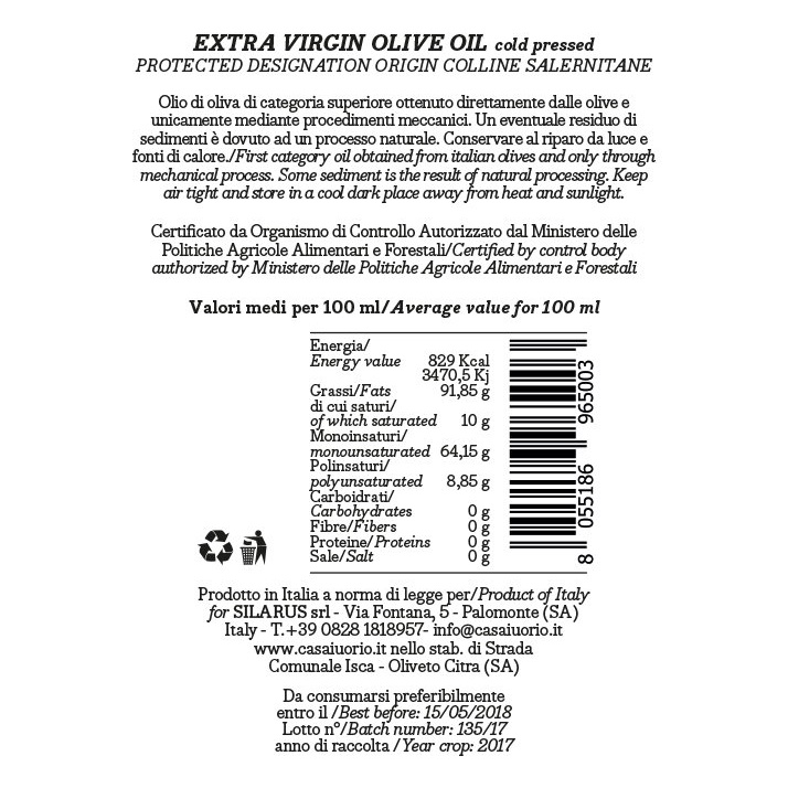 Dầu Olive Nguyên chất Đặc biệt vùng đồi Salernitane 250ml - Thương hiệu Casa Lourio nhập khẩu từ Ý