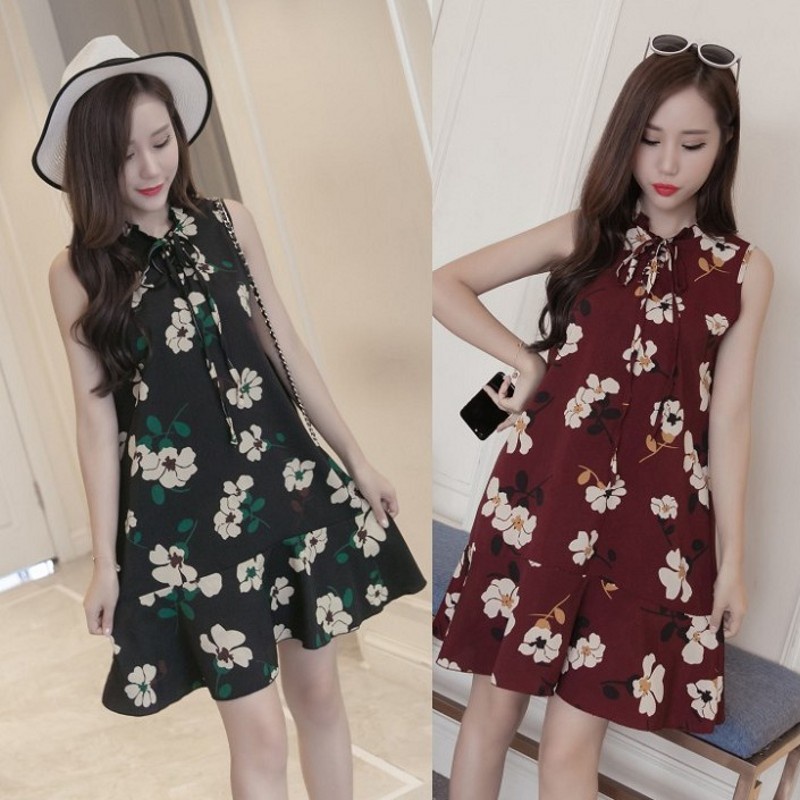Đầm Chữ A Không Tay Phối Bèo In Họa Tiết Hoa Nhí Dáng Rộng Chất Liệu Chiffon Thời Trang Mùa Hè Mới