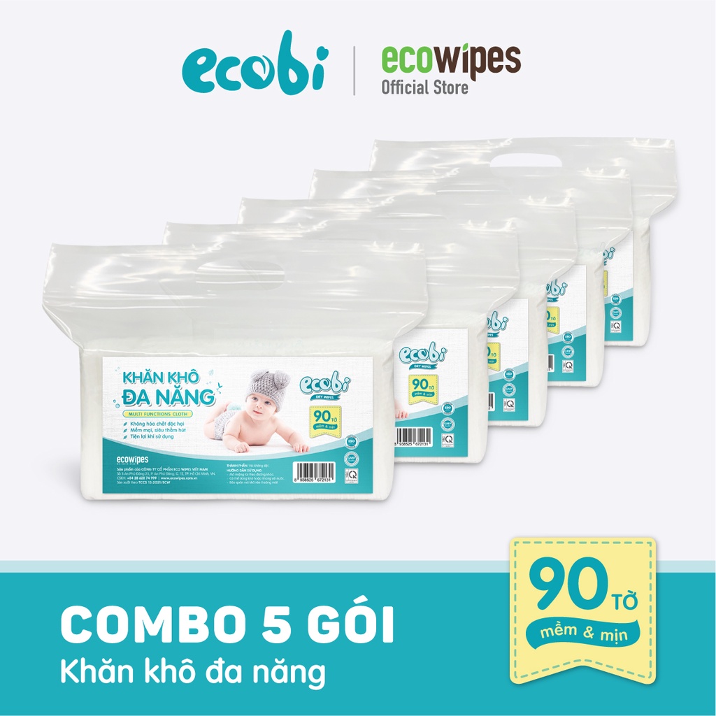 Combo 5 túi KHĂN KHÔ ĐA NĂNG ECOBI 90 tờ - Dùng thay khăn sữa, an toàn cho trẻ sơ sinh