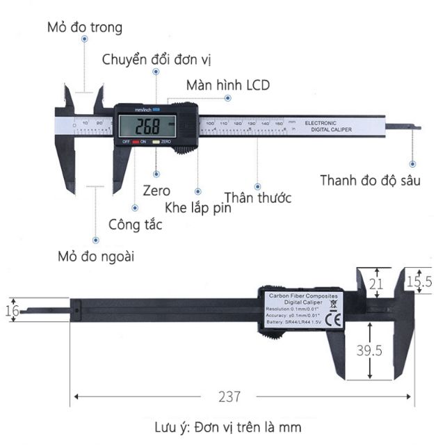 Thước Kẹp Điện Tử Nhựa CacBon 150mm