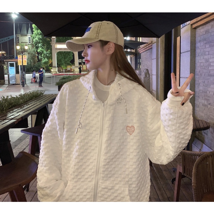 Áo khoác hoodie nỉ khóa kéo vân nổi phong trái tim cách Hàn Quốc