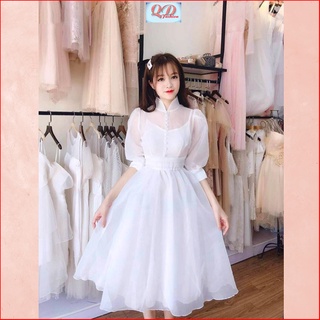 Đầm dự tiệc trắng xinh dễ thương cổ tròn xòe nút bọc thắt nơ sau QD MT024(hình thật)