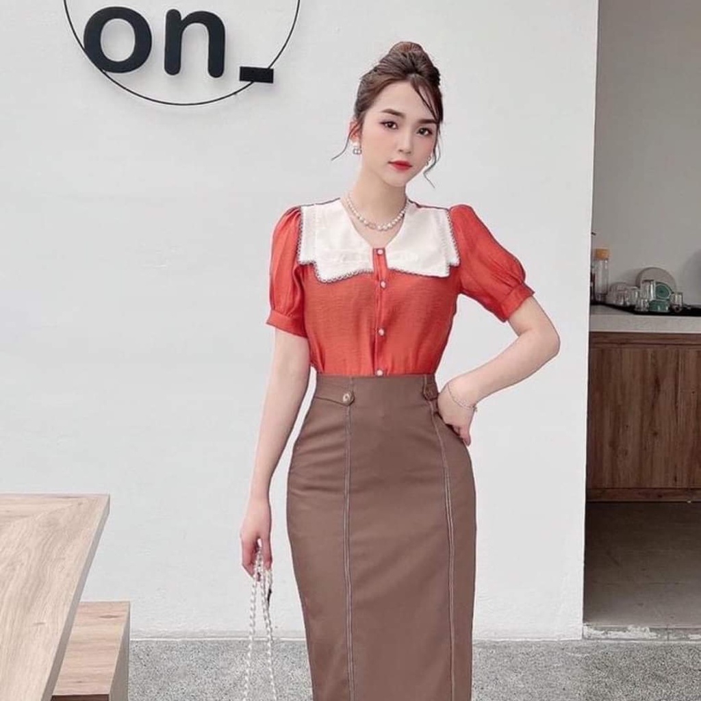 Áo sơ mi nữ công sở thời trang Suri Shop,màu hồng lụa tay bồng cổ phối màu trẻ trung-RENCAM