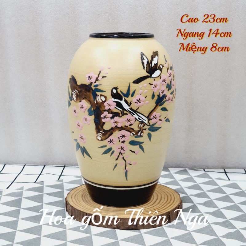 Bình cắm hoa gốm sứ - Bình, lọ cắm hoa gốm men khô Bát Tràng dáng vò cao 23cm
